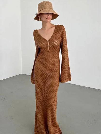 Tornova 2025 New Crochet Beach Maxi Dress Women's Sexy Knitted Hollow Bikini Swimsuit Cover-Up Sun Protection Dress See Through