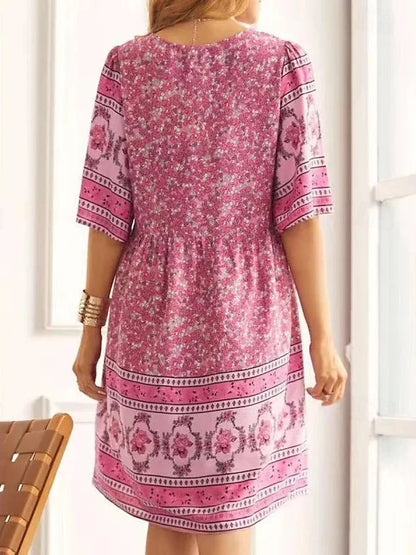 Summer New Fashion Literary Retro Printed Dress Women's V-neck Short-sleeved Mini Dress Elegant Casual Loose Party Dresses