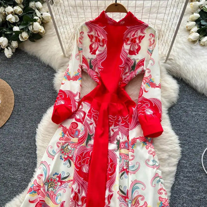 Fashion High-End Feeling Gown Dress Elegant European Court Style Long Printed Slimming New Women's Design Sensation Retro Summer