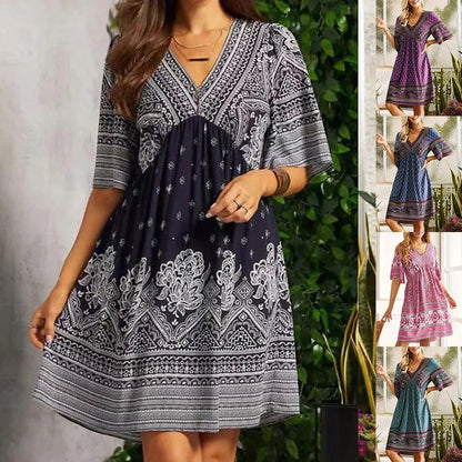 Summer New Fashion Literary Retro Printed Dress Women's V-neck Short-sleeved Mini Dress Elegant Casual Loose Party Dresses