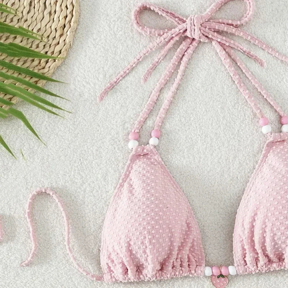 Sexy Pink Micro Thong Bikinis Sets Bead String Halter Swimwear Women Mini Swimsuit Bathing Suit Lace-up Biquinis Triangle Bikini