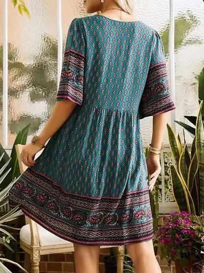 Summer New Fashion Literary Retro Printed Dress Women's V-neck Short-sleeved Mini Dress Elegant Casual Loose Party Dresses