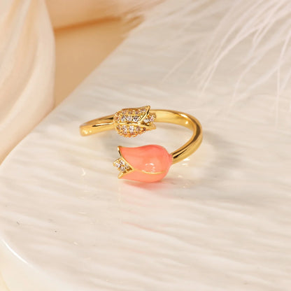 Romantic Colorful Tulip Flower CZ Stainless Steel Women's Ring 18K Gold-plated Anti Fading Rings Wedding Jewelry New Accessories