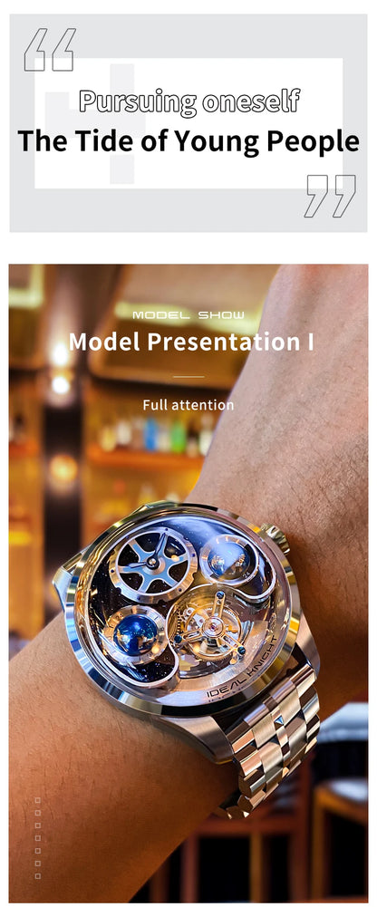 IDEAL KNIGHT Top Brand Luxruy Mens Watch Advanced Tourbillon Automatic Mechanical Watch Waterproof Luminous Dual Region Time