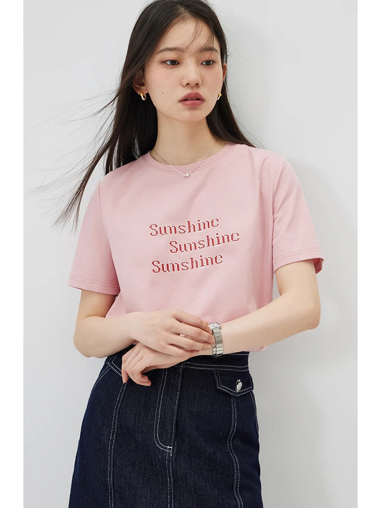 ZIQIAO Versatile Cool Sense Short-sleeved T-shirt for Women 2024 Summer New Style Simple Round Neck Top for Female