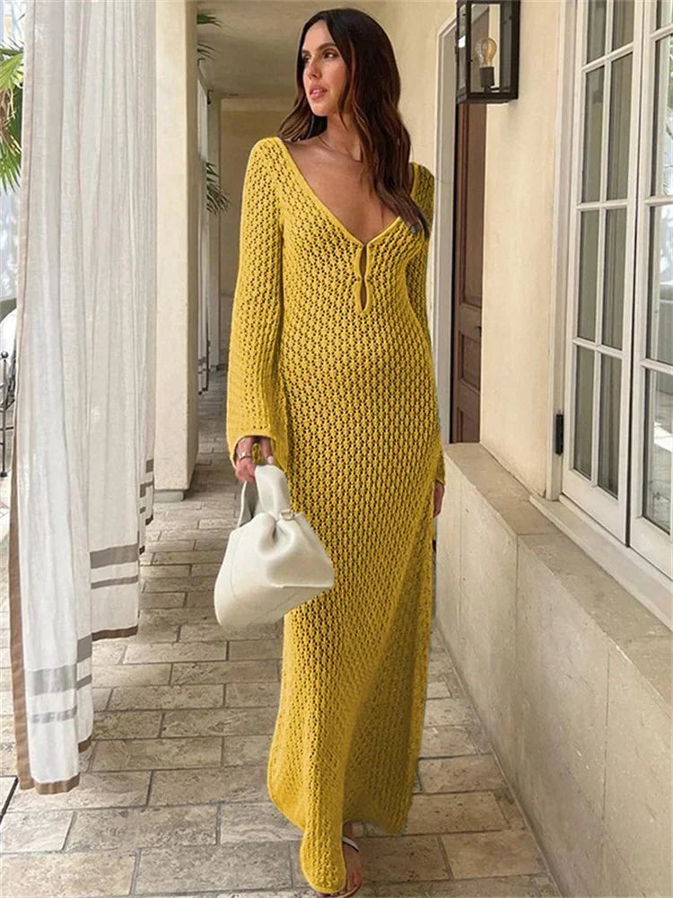 Tornova 2025 New Crochet Beach Maxi Dress Women's Sexy Knitted Hollow Bikini Swimsuit Cover-Up Sun Protection Dress See Through