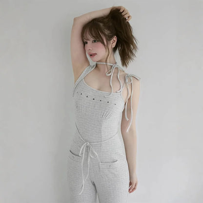 2025 Japanese Style Fashion Off-Shoulder Knit Jumpsuit for Women Summer New Sweet Girls Versatile Jumpsuits Lady Casual Pants
