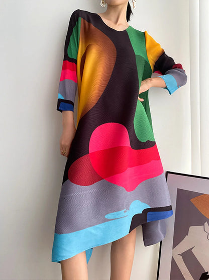 Fashionable printed dress for women, summer 2026, European and American style, plus size, slimming, pleated skirt for mothers.