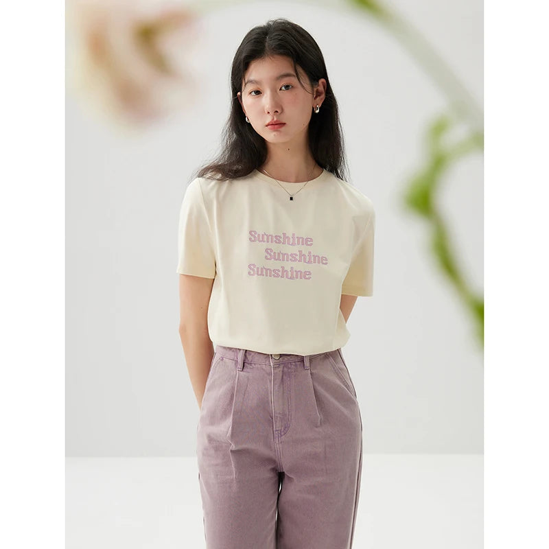ZIQIAO Versatile Cool Sense Short-sleeved T-shirt for Women 2024 Summer New Style Simple Round Neck Top for Female