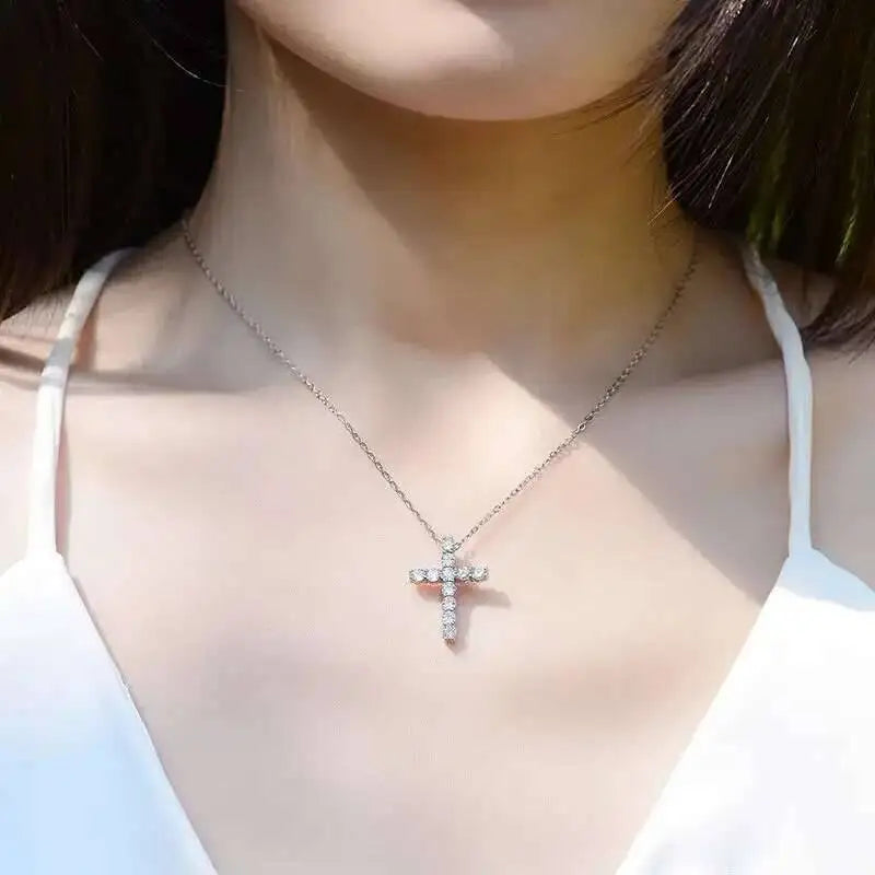 Full Moissanite Cross Pendant Original Sterg Sliver Chain Plated White Gold Fine Necklace For Women Jewelry