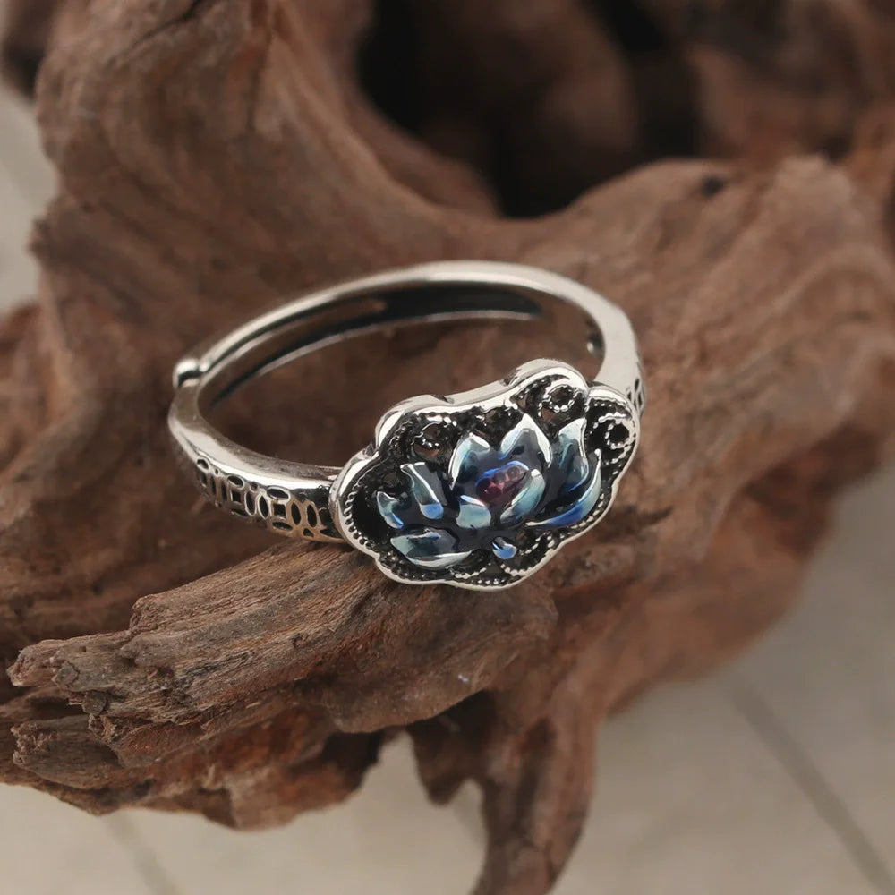 XIYANIKE Vintage Thai Silver Drip Glue Lotus Flower Adjustable Finger Rings For Women Fashion New Jewelry Gift Party anillos