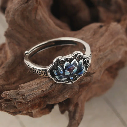 XIYANIKE Vintage Thai Silver Drip Glue Lotus Flower Adjustable Finger Rings For Women Fashion New Jewelry Gift Party anillos