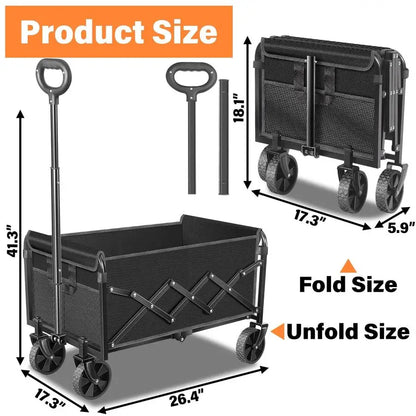 Carts Foldable, Collapsible Wagon Cart with Wheels Beach Wagon Cart with Wheels for Sand Sports Camping Grocery, Black