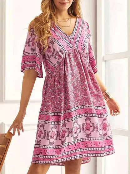 Summer New Fashion Literary Retro Printed Dress Women's V-neck Short-sleeved Mini Dress Elegant Casual Loose Party Dresses