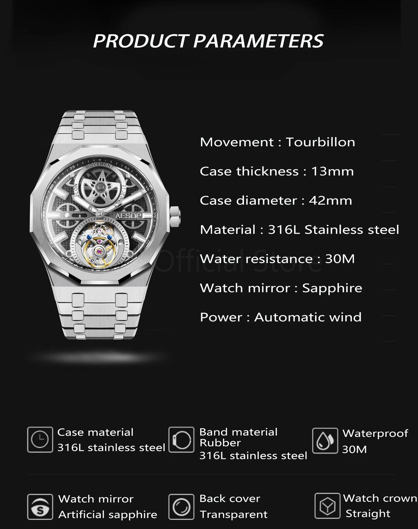 AESOP Men Flying Tourbillon Movement Mechanical Automatic Luxury Watches Wristwatches Skeleton Watch Brand For Man Sapphire