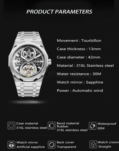 AESOP Men Flying Tourbillon Movement Mechanical Automatic Luxury Watches Wristwatches Skeleton Watch Brand For Man Sapphire