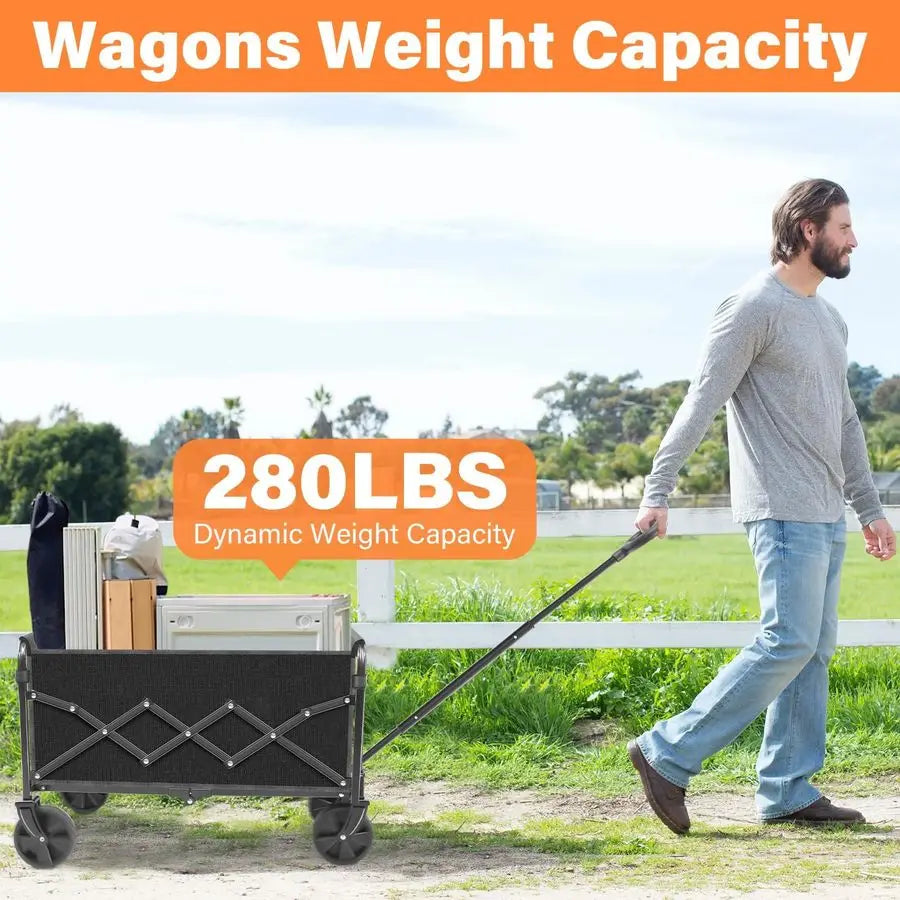 Carts Foldable, Collapsible Wagon Cart with Wheels Beach Wagon Cart with Wheels for Sand Sports Camping Grocery, Black