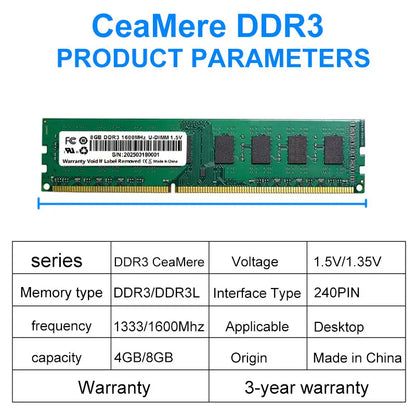 CeaMere DDR3 5~50 PCS Desktop Memory, 4GB/8GB, 1333MHz/1600MHz, PC Memory Module, 240PIN, 1.35V/1.5V, Wholesale Universal Memory