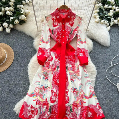 Fashion High-End Feeling Gown Dress Elegant European Court Style Long Printed Slimming New Women's Design Sensation Retro Summer