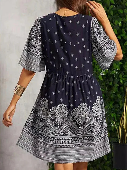 Summer New Fashion Literary Retro Printed Dress Women's V-neck Short-sleeved Mini Dress Elegant Casual Loose Party Dresses