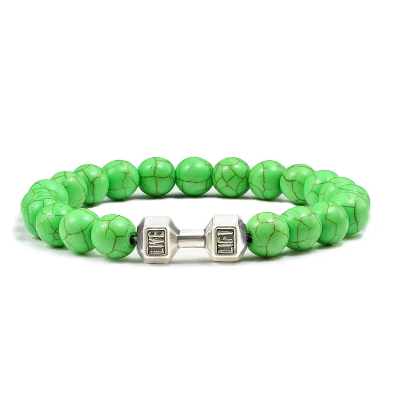 Natural Volcanic Stone Bracelet Men Matte Black Lave White Beads Charm Dumbbell Strand Bracelets Women Barbell Fitness Jewelry
