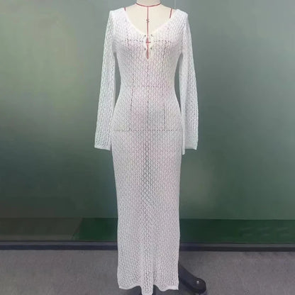 Tornova 2025 New Crochet Beach Maxi Dress Women's Sexy Knitted Hollow Bikini Swimsuit Cover-Up Sun Protection Dress See Through