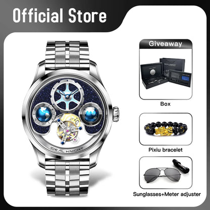 IDEAL KNIGHT Top Brand Luxruy Mens Watch Advanced Tourbillon Automatic Mechanical Watch Waterproof Luminous Dual Region Time