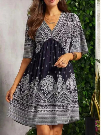 Summer New Fashion Literary Retro Printed Dress Women's V-neck Short-sleeved Mini Dress Elegant Casual Loose Party Dresses