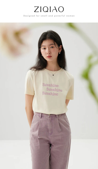 ZIQIAO Versatile Cool Sense Short-sleeved T-shirt for Women 2024 Summer New Style Simple Round Neck Top for Female