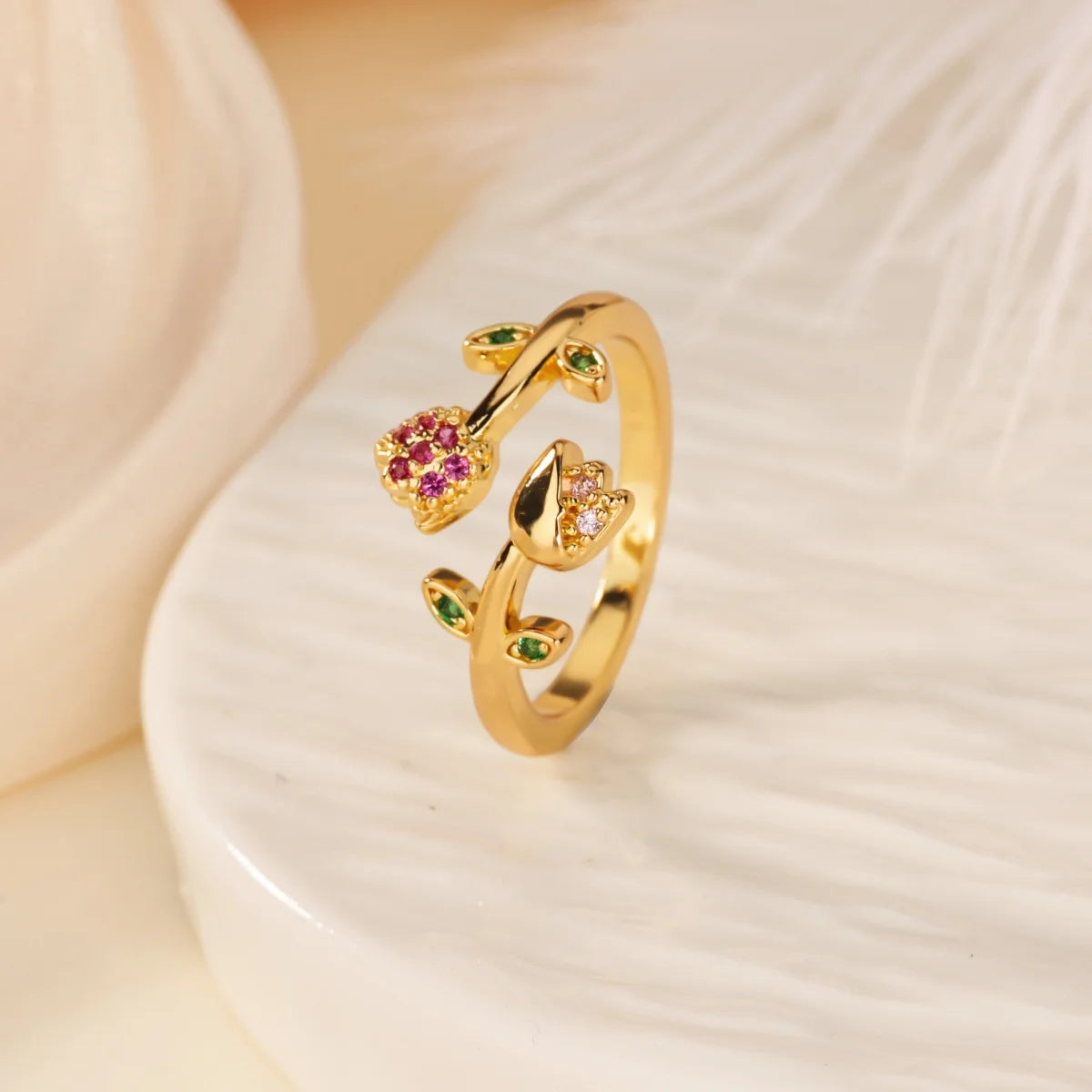 Romantic Colorful Tulip Flower CZ Stainless Steel Women's Ring 18K Gold-plated Anti Fading Rings Wedding Jewelry New Accessories
