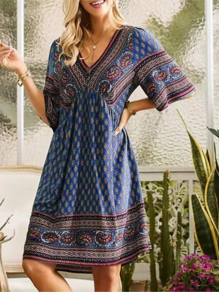 Summer New Fashion Literary Retro Printed Dress Women's V-neck Short-sleeved Mini Dress Elegant Casual Loose Party Dresses