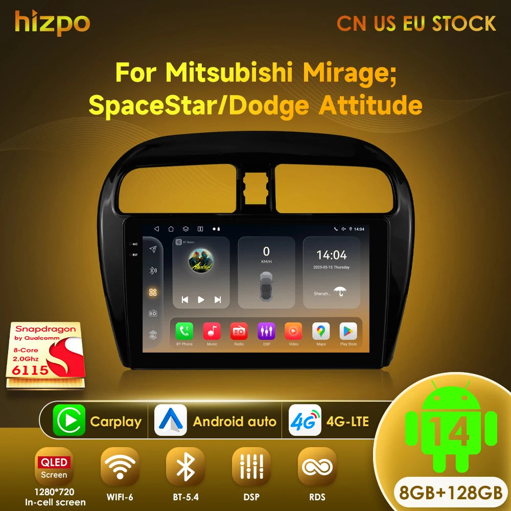 Hizpo 2 Din Android 14 Car Radio Multimidia For MITSUBISHI Mirage Spacestar Dodge Attitude 2012-2018 GPS Navigation Carplay DSP