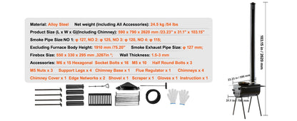 SucceBuy Wood Stove 86in Alloy Steel Camping Tent Stove Portable Wood Burning Stove with Chimney Pipes & Gloves 1400in³Firebox