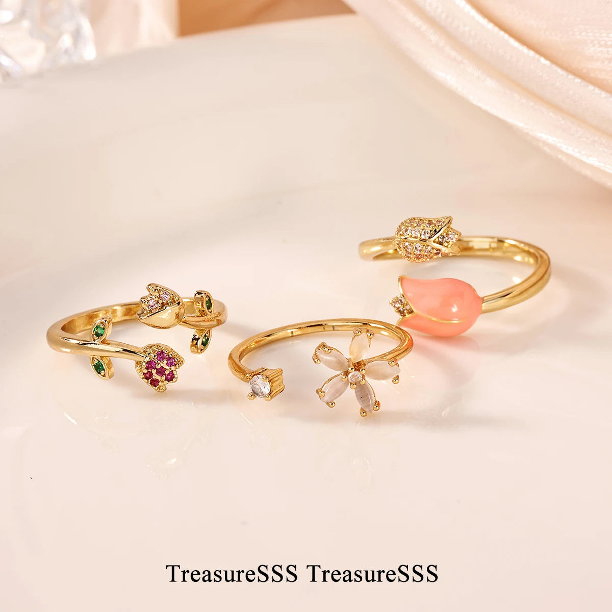 Romantic Colorful Tulip Flower CZ Stainless Steel Women's Ring 18K Gold-plated Anti Fading Rings Wedding Jewelry New Accessories