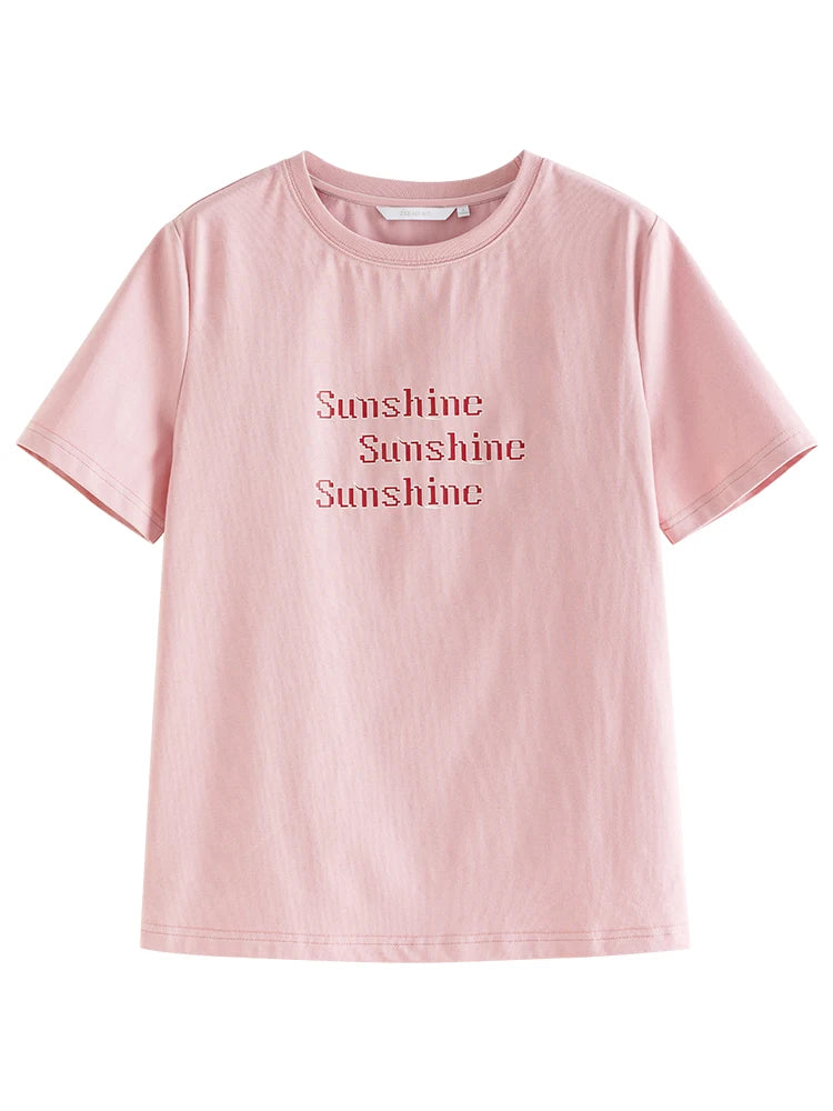 ZIQIAO Versatile Cool Sense Short-sleeved T-shirt for Women 2024 Summer New Style Simple Round Neck Top for Female
