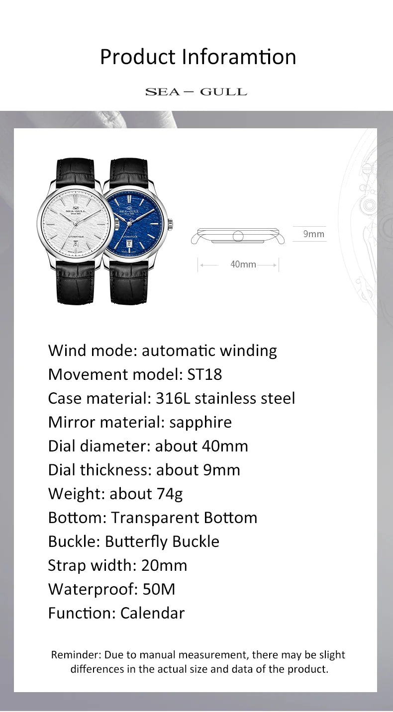 Seagull Extraordinary Series Snowflake Wave Dial Men's Automatic Mechanical Watch Calendar Fashion Luxury Wristwatch 40mm 1133A