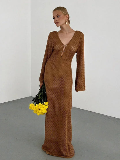 Tornova 2025 New Crochet Beach Maxi Dress Women's Sexy Knitted Hollow Bikini Swimsuit Cover-Up Sun Protection Dress See Through