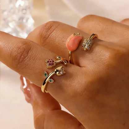 Romantic Colorful Tulip Flower CZ Stainless Steel Women's Ring 18K Gold-plated Anti Fading Rings Wedding Jewelry New Accessories