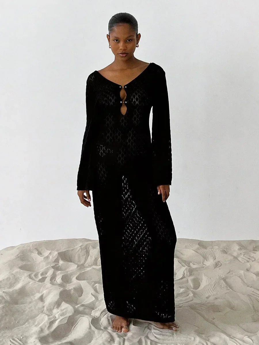 Tornova 2025 New Crochet Beach Maxi Dress Women's Sexy Knitted Hollow Bikini Swimsuit Cover-Up Sun Protection Dress See Through
