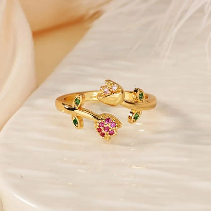 Romantic Colorful Tulip Flower CZ Stainless Steel Women's Ring 18K Gold-plated Anti Fading Rings Wedding Jewelry New Accessories