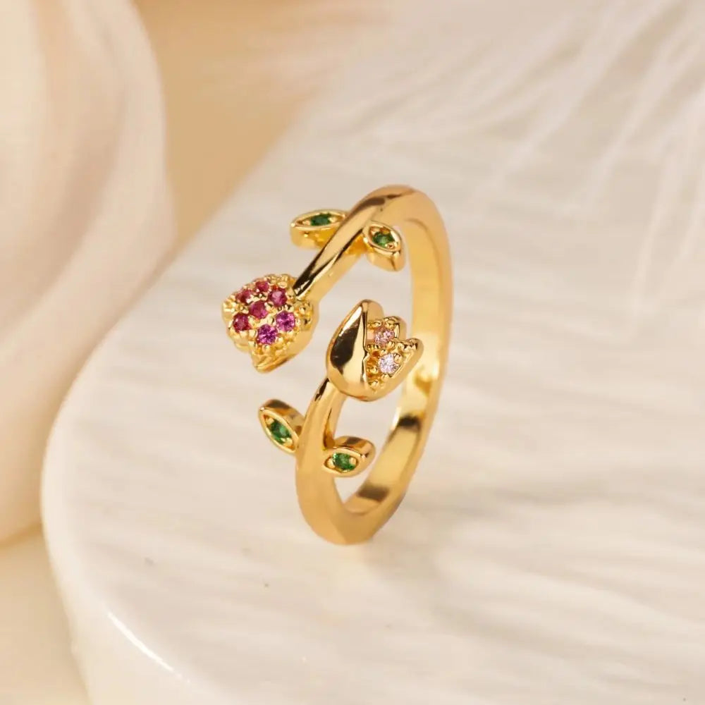 Romantic Colorful Tulip Flower CZ Stainless Steel Women's Ring 18K Gold-plated Anti Fading Rings Wedding Jewelry New Accessories