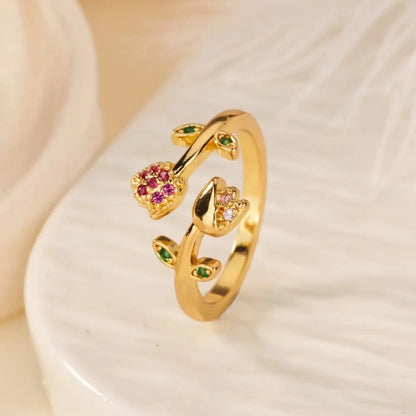 Romantic Colorful Tulip Flower CZ Stainless Steel Women's Ring 18K Gold-plated Anti Fading Rings Wedding Jewelry New Accessories