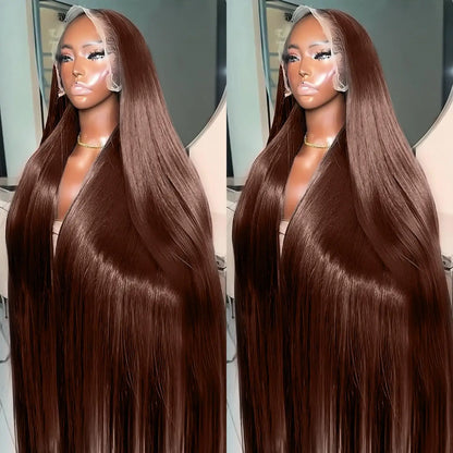 Premium Chocolate Brown Colored 13x4 HD Lace Front Human Hair Wigs 46 Long Inch Raw Indian Straight Human Hair Frontal Wigs