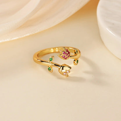 Romantic Colorful Tulip Flower CZ Stainless Steel Women's Ring 18K Gold-plated Anti Fading Rings Wedding Jewelry New Accessories