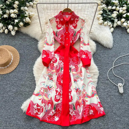 Fashion High-End Feeling Gown Dress Elegant European Court Style Long Printed Slimming New Women's Design Sensation Retro Summer