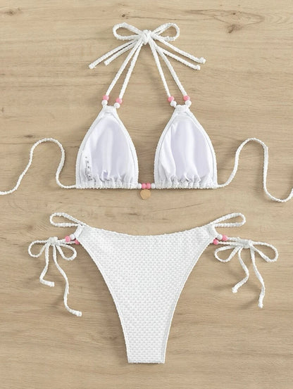 Sexy Pink Micro Thong Bikinis Sets Bead String Halter Swimwear Women Mini Swimsuit Bathing Suit Lace-up Biquinis Triangle Bikini