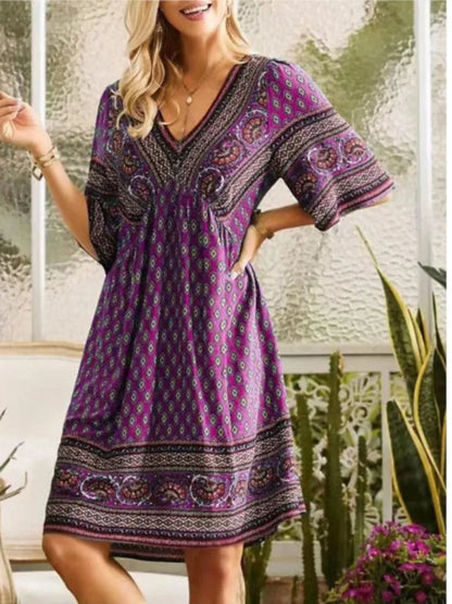 Summer New Fashion Literary Retro Printed Dress Women's V-neck Short-sleeved Mini Dress Elegant Casual Loose Party Dresses