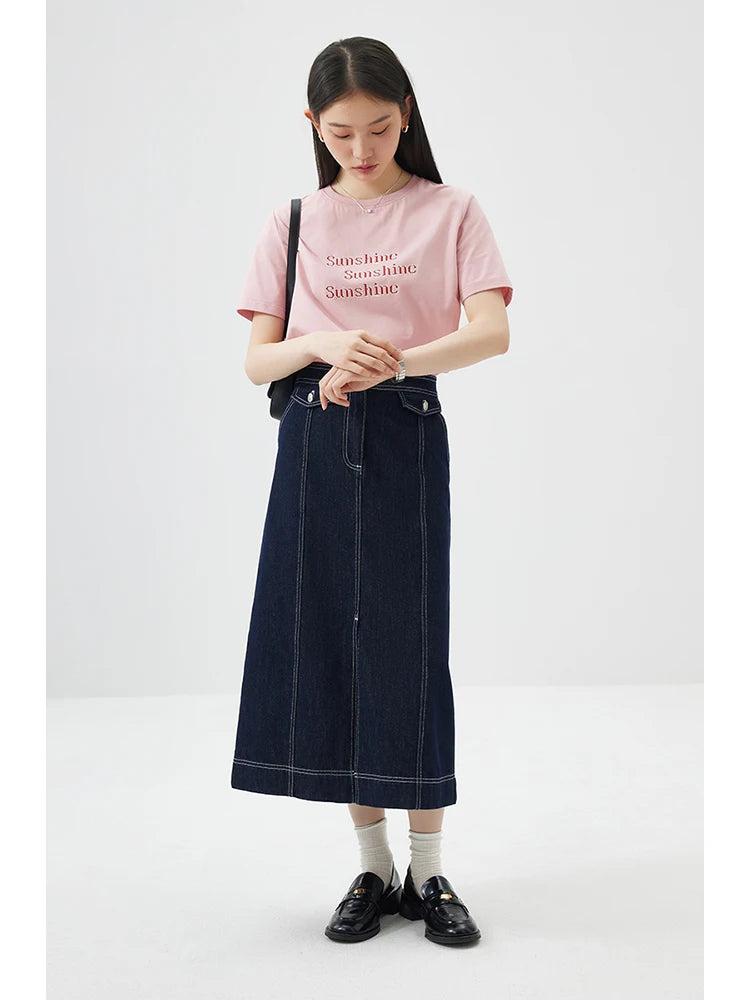 ZIQIAO Versatile Cool Sense Short-sleeved T-shirt for Women 2024 Summer New Style Simple Round Neck Top for Female