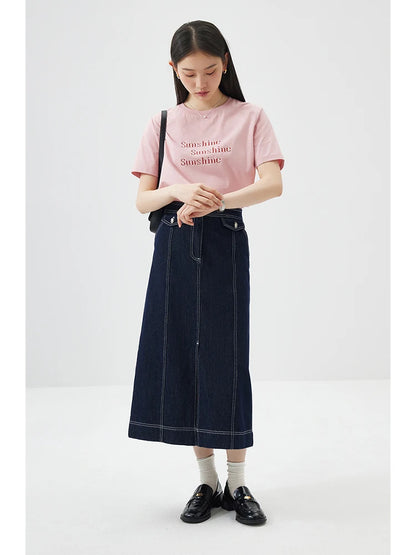 ZIQIAO Versatile Cool Sense Short-sleeved T-shirt for Women 2024 Summer New Style Simple Round Neck Top for Female