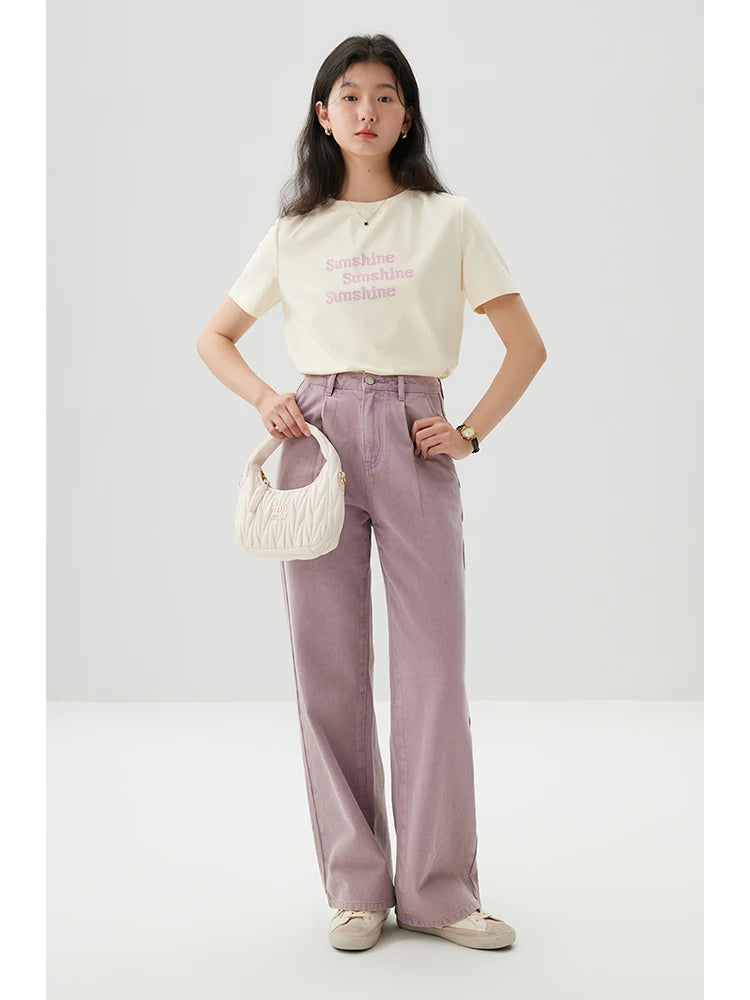 ZIQIAO Versatile Cool Sense Short-sleeved T-shirt for Women 2024 Summer New Style Simple Round Neck Top for Female